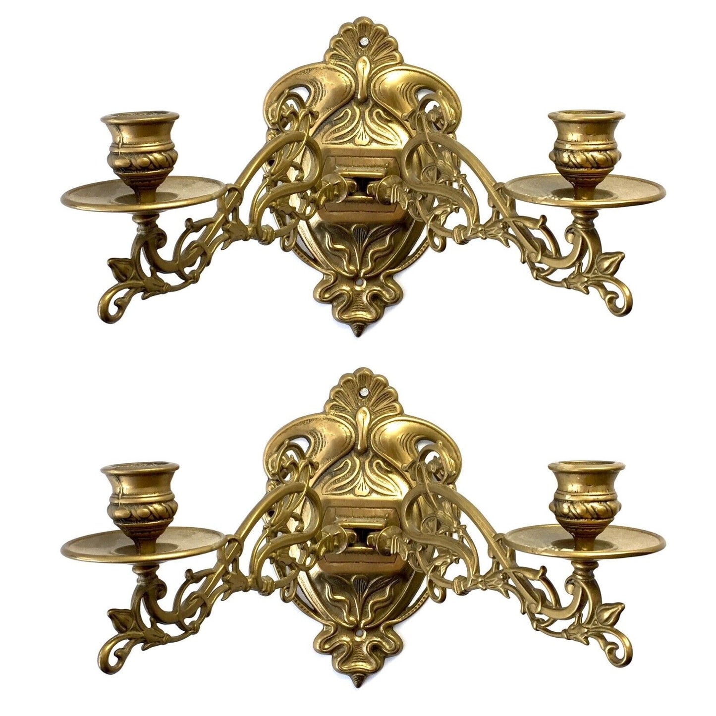 Antique Matching Pair of Brass Wall Sconces / Candle Holders / Mid Century