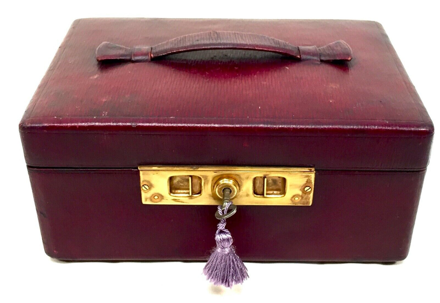 Antique Late Victorian Purple Leather Bound Jewellery Box with Key c.1900