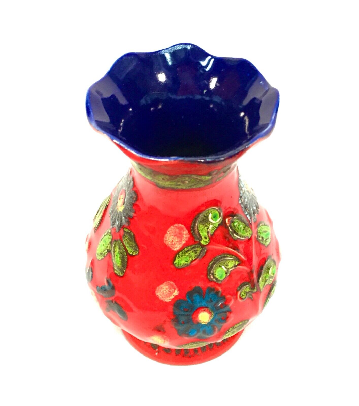 Vintage West German Pottery Bay Keramik Vase Red Green Blue Flower Retro 1970's