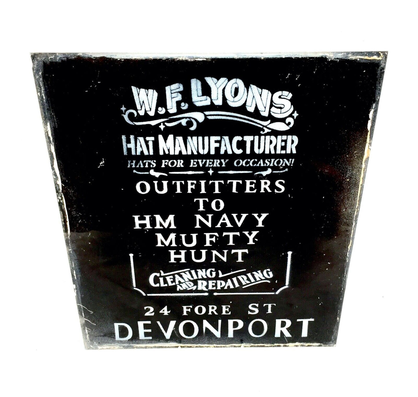 Vintage Glass Window Sign -  Salvaged -   F Lyons Military Outfitters Devonport