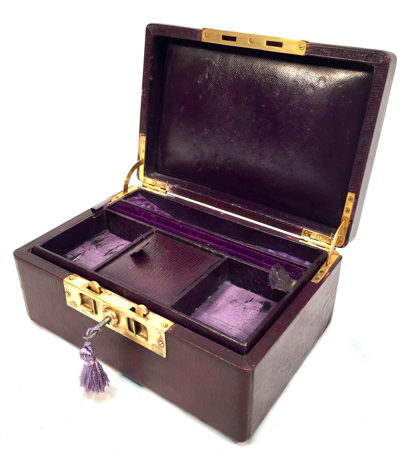 Antique Late Victorian Purple Leather Bound Jewellery Box with Key c.1900