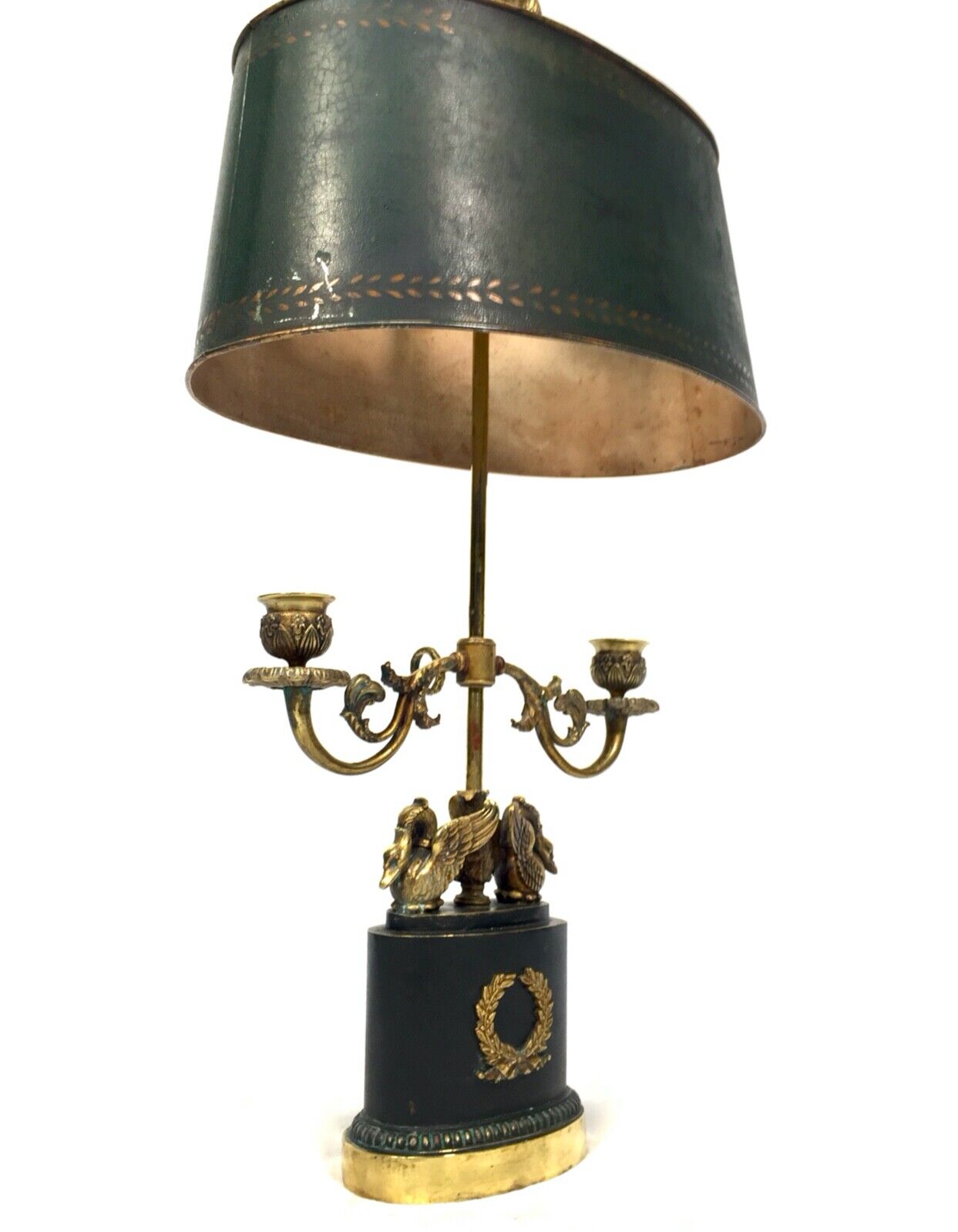 Antique Empire Style Swan Bouillotte Lamp, Early 20th Century Green Tole Shade