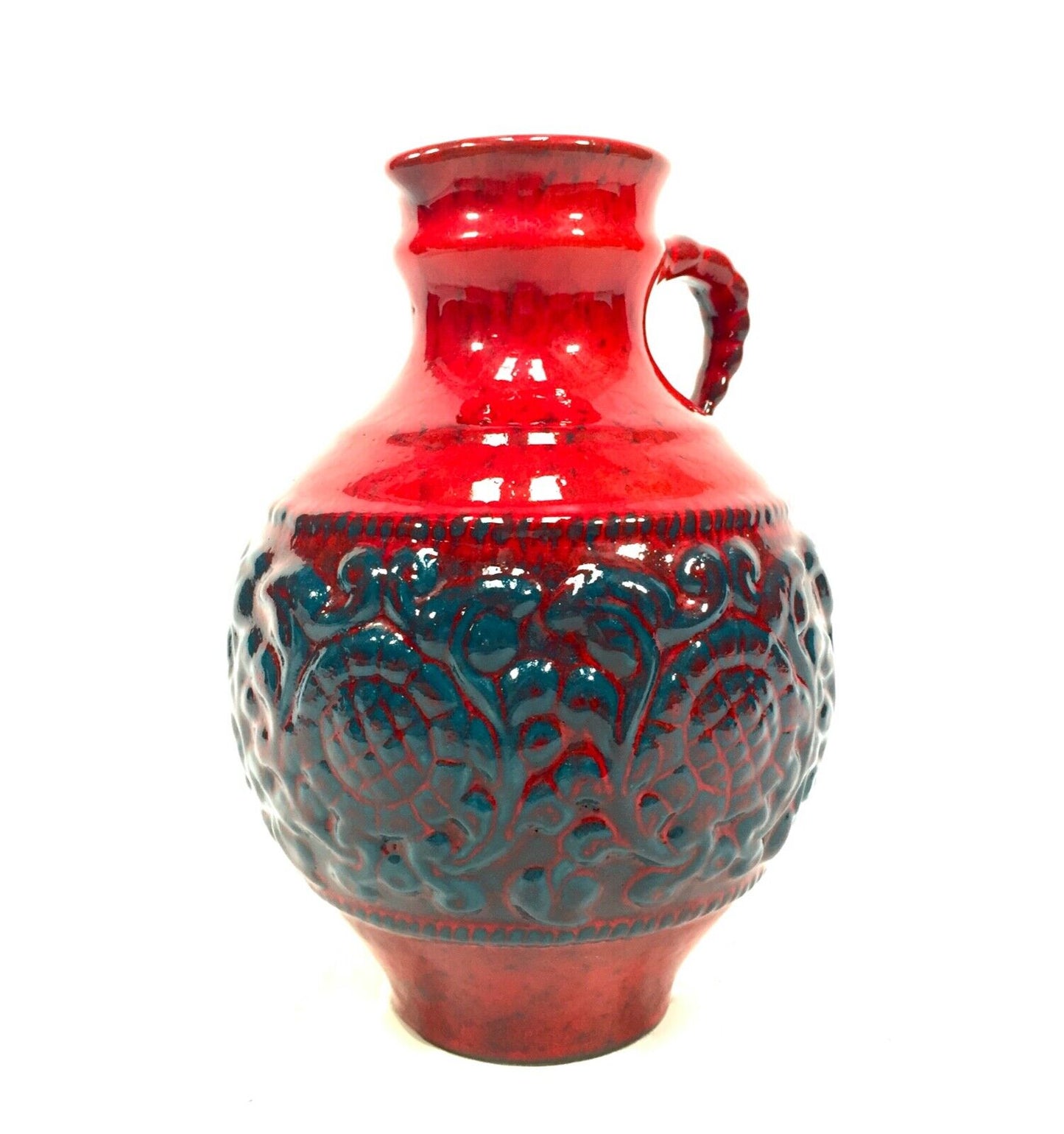 Vintage West German Pottery  Jasba Keramik Vase / Jug / Red & Blue Retro 1970's