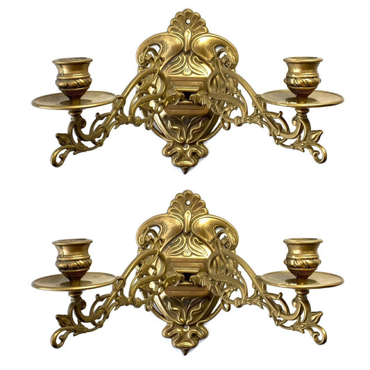 Antique Matching Pair of Brass Wall Sconces / Candle Holders / Mid Century