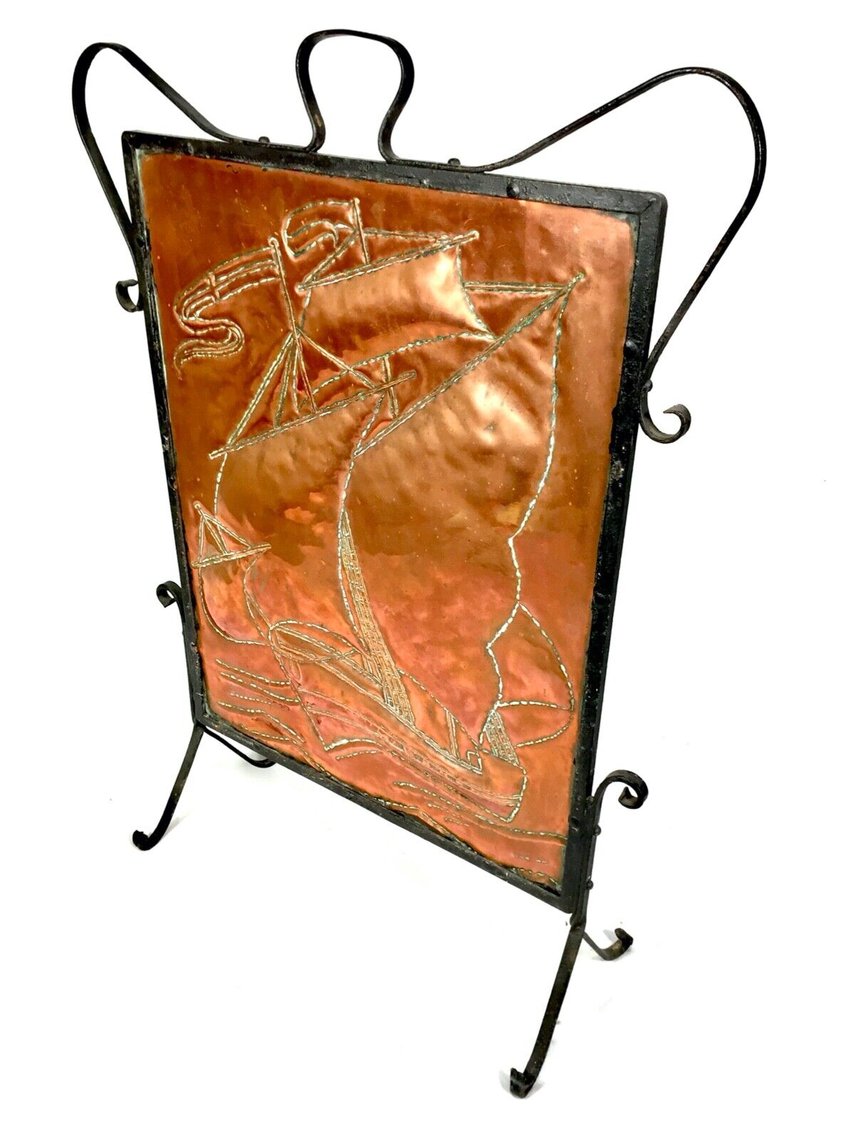 Antique Arts & CraftsCopper Fire Screen - Sail Boat / Wrought Iron Frame c.1900