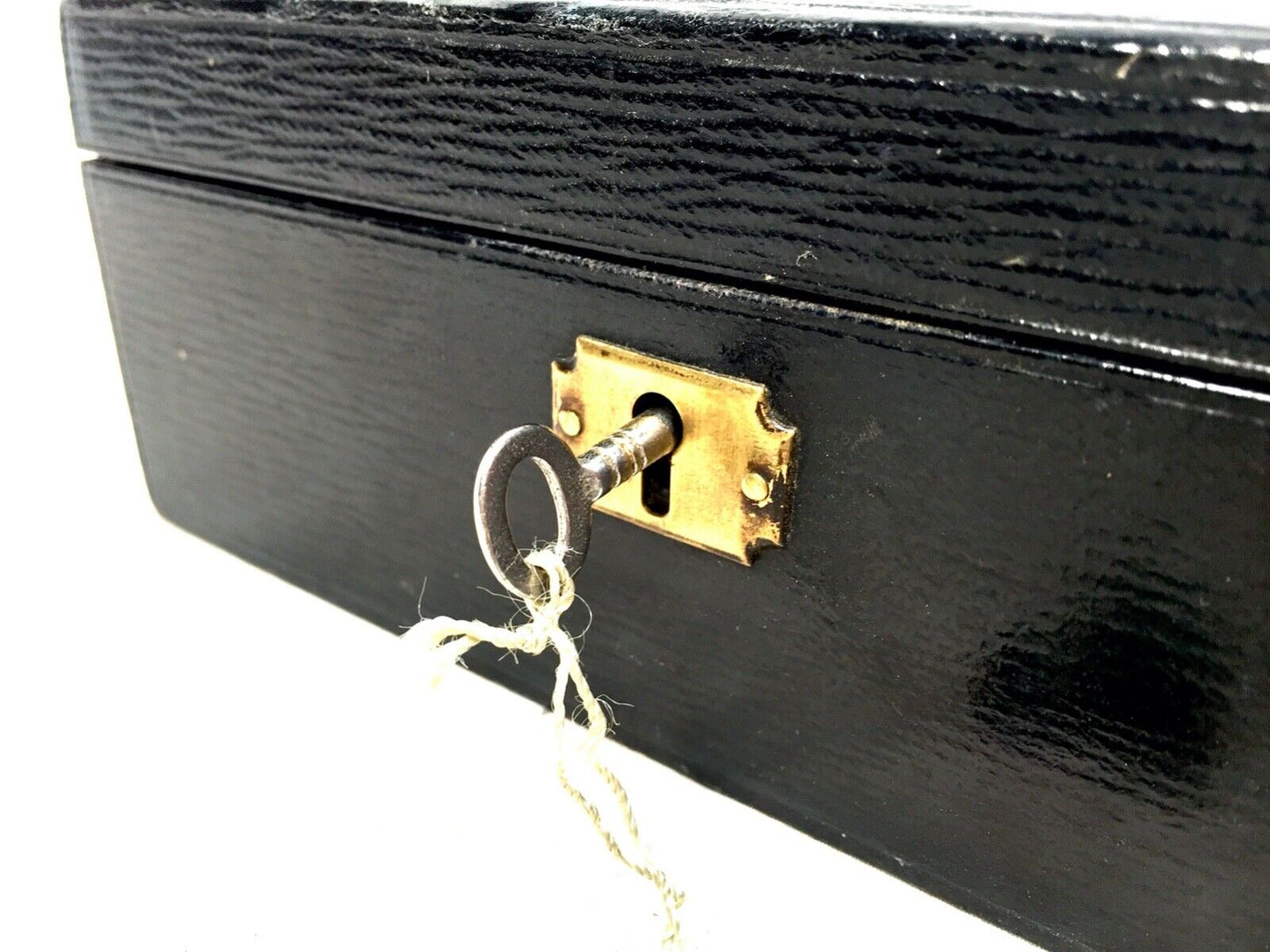 Antique Victorian Leather Bound Jewellery Box with Key c.1890 / Black / Blue