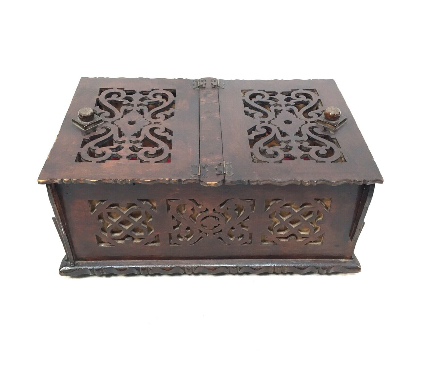 Antique Wooden Scratch Built Fretwork Design Tabletop Storage Box / Chest c.1950