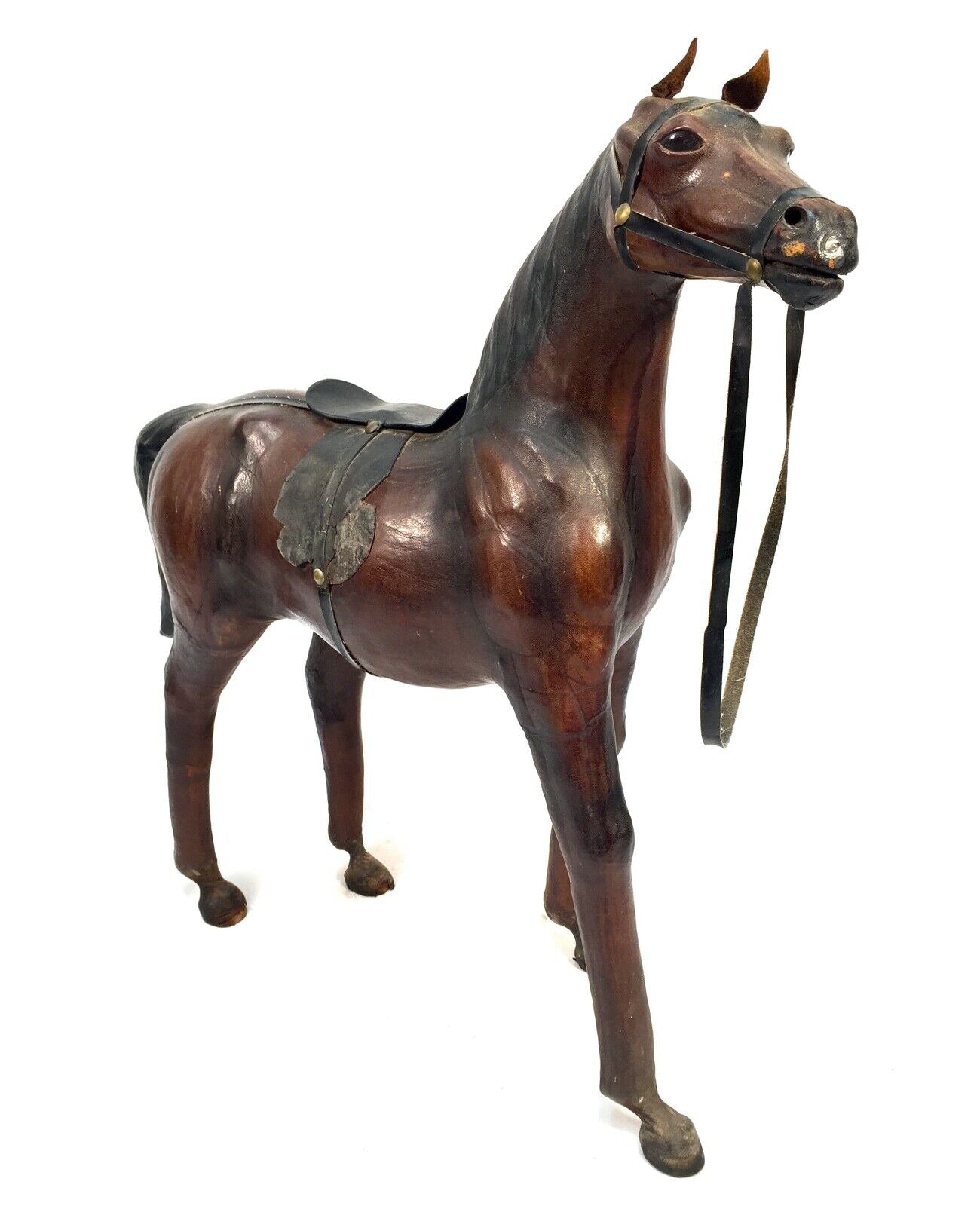 Vintage Mid 20th Century Large Sized Leather Horse Model Antique Floor Standing