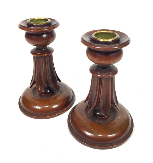 Antique Matching Pair of Turned Mahogany Candlestick Holders / Tabletop / Brass