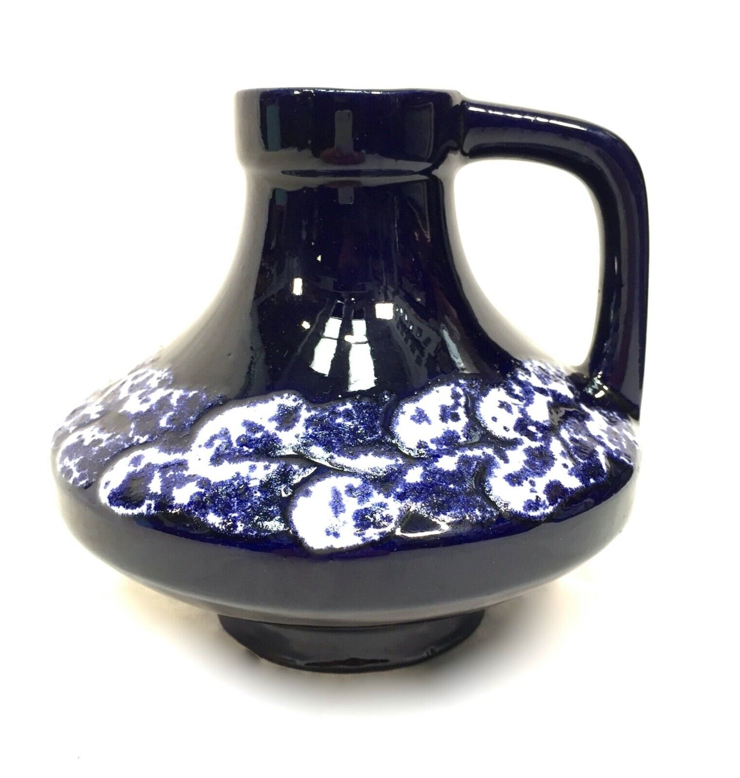 Vintage West German Pottery Fat Vase Jug Dark Blue / White 1970s Retro