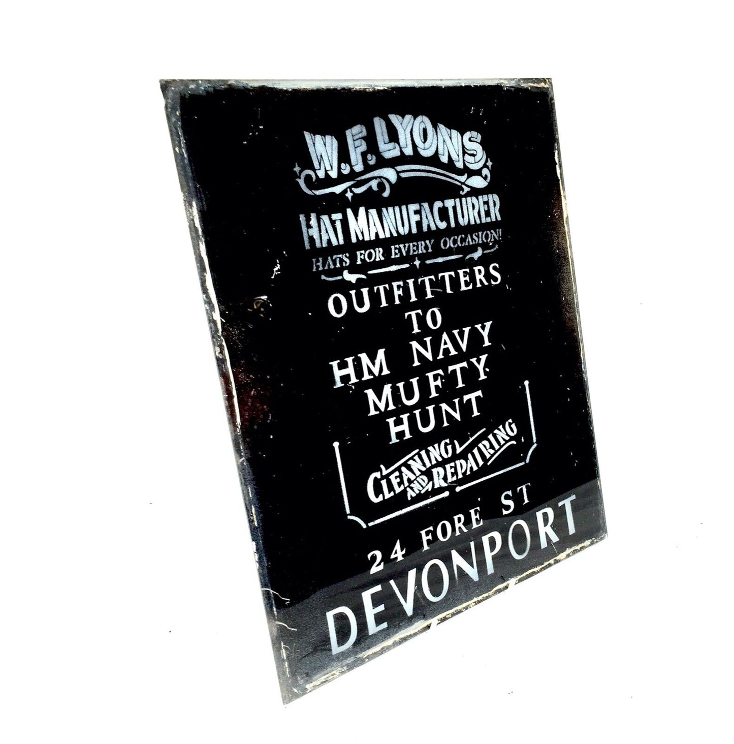 Vintage Glass Window Sign -  Salvaged -   F Lyons Military Outfitters Devonport