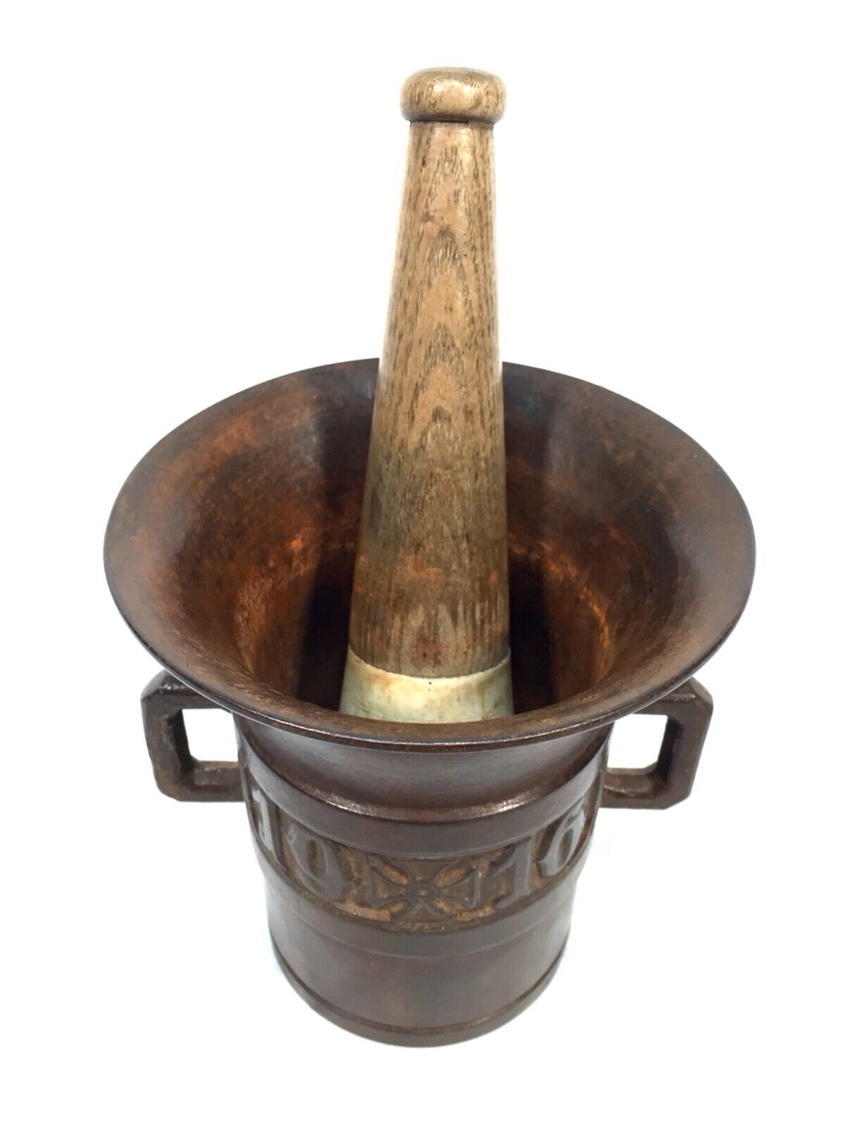 Antique WW1 Apothecary Cast Iron Mortar and Pestle / 1914 - 1916 Dated World War