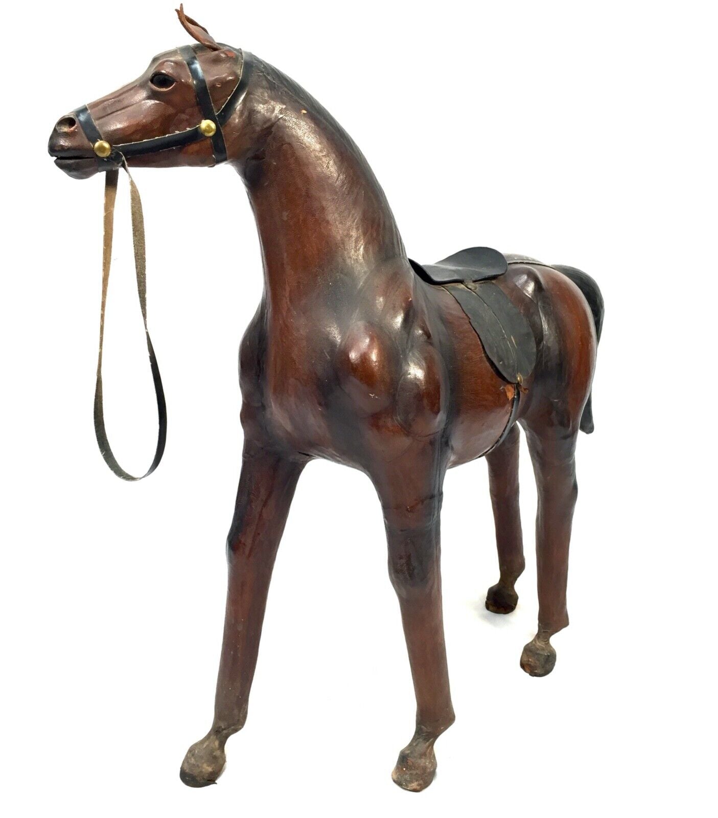 Vintage Mid 20th Century Large Sized Leather Horse Model Antique Floor Standing