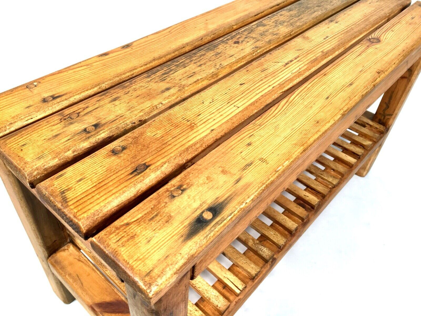 Antique Stained Pine Wooden Entrance Hall Bench Seat / Shoe Storage Rack c.1930