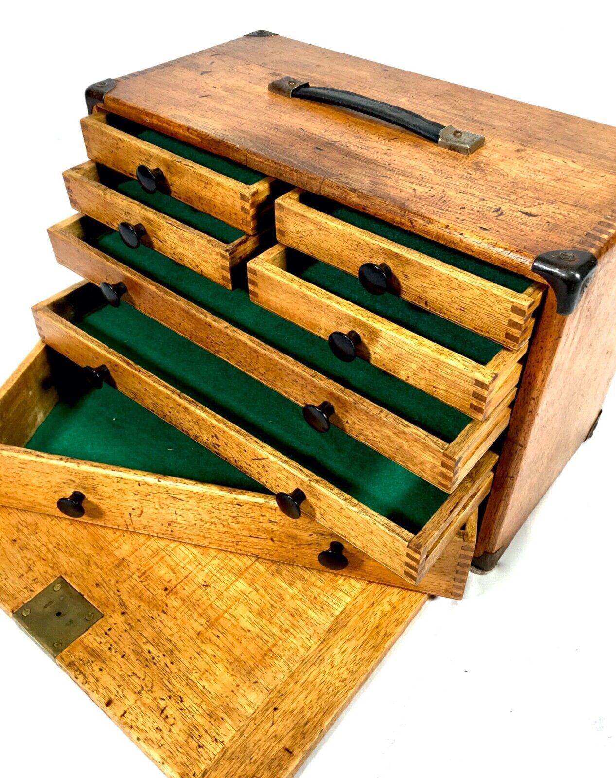 Antique Wooden Oak Engineers Toolbox / Tool Box / Collectors Cabinet with Key