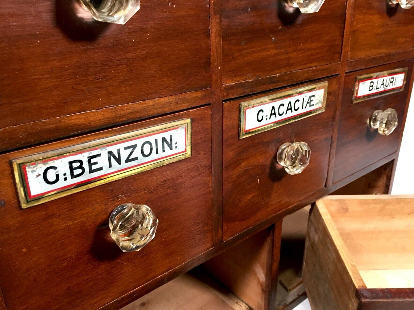 Antique Bank of Victorian Mahogany Stained Pine Apothecary Chemist Shop Drawers.