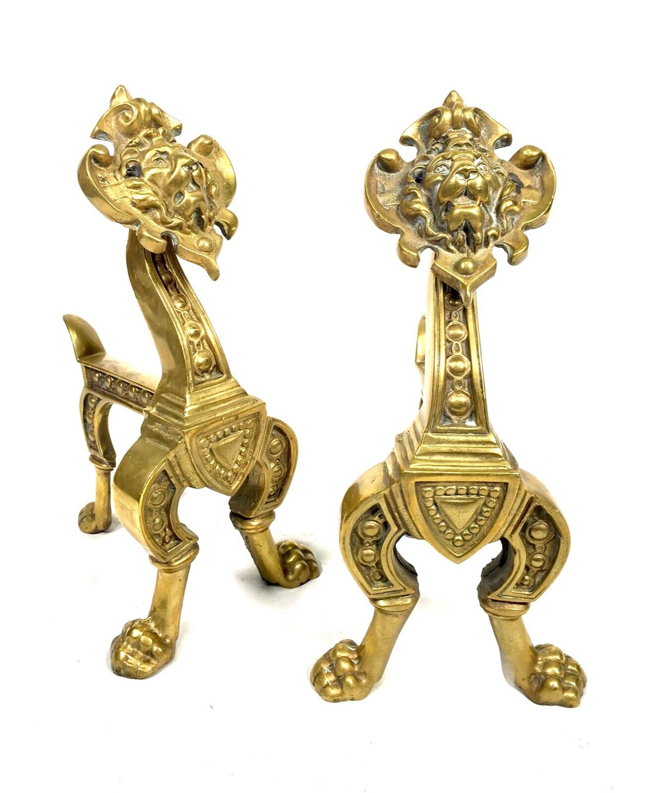 Antique Pair of Brass Fire Dogs / Lion Head & Paw Feet / Log Burner c.1900