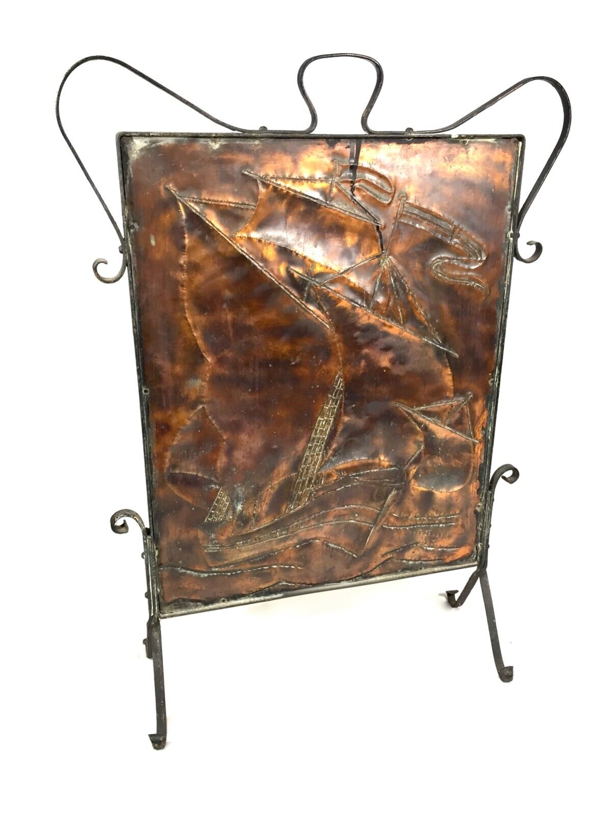 Antique Arts & CraftsCopper Fire Screen - Sail Boat / Wrought Iron Frame c.1900