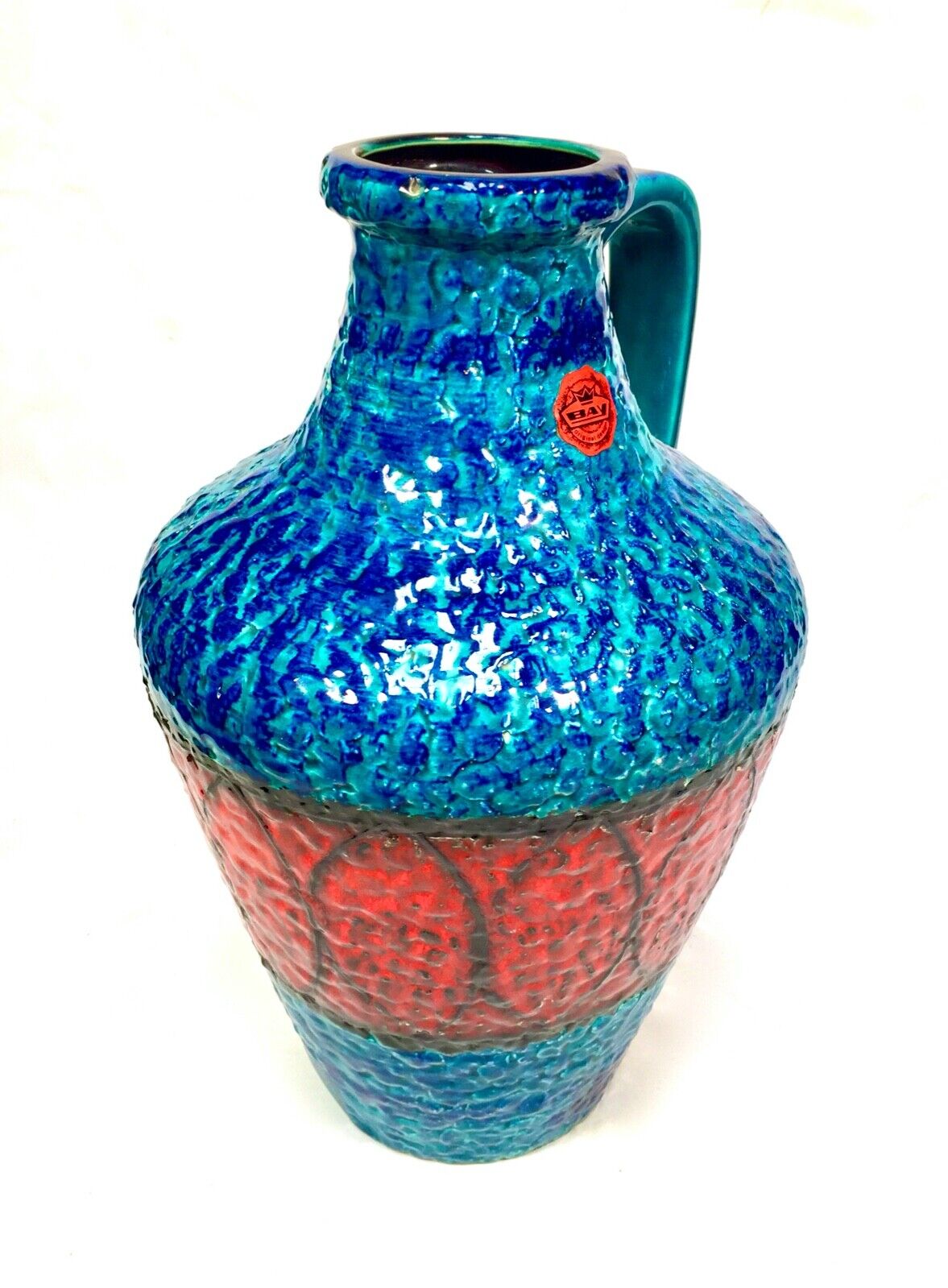 Vintage West German Large Pottery Fat Vase Bay Factory / Red Blue / Retro 1970s