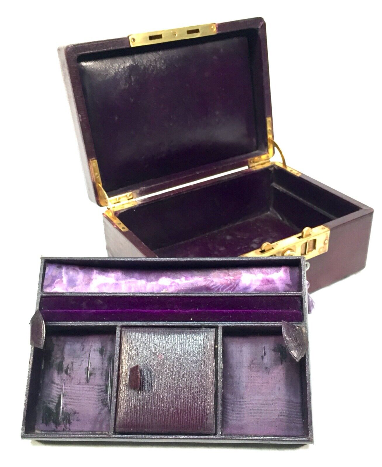 Antique Late Victorian Purple Leather Bound Jewellery Box with Key c.1900