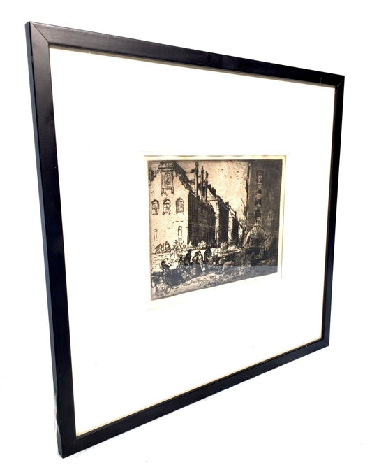 Sir Frank Brangwyn Art - Antique Etching Lithograph of Bruges Marketplace Signed