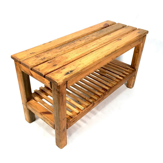 Antique Stained Pine Wooden Entrance Hall Bench Seat / Shoe Storage Rack c.1930