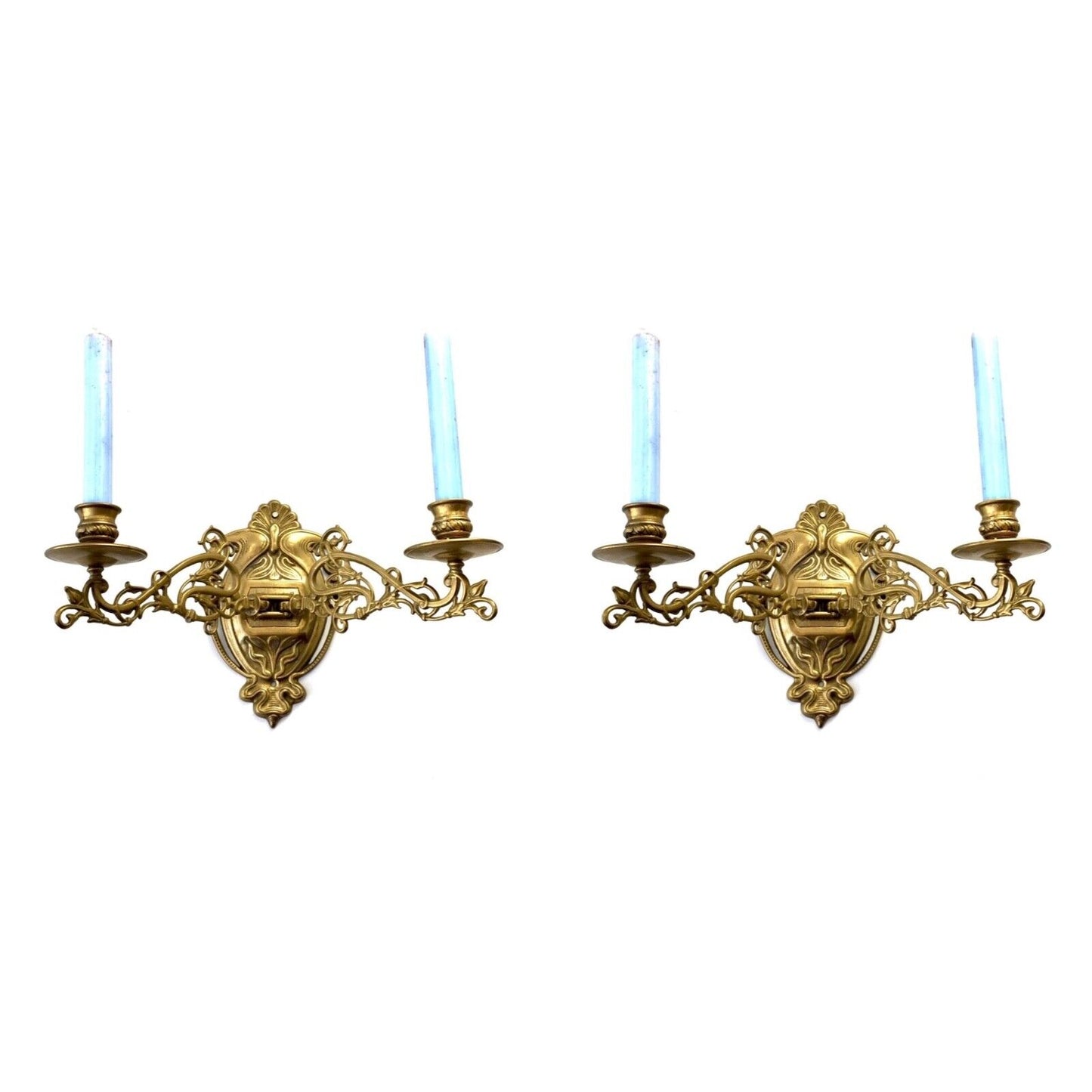 Antique Matching Pair of Brass Wall Sconces / Candle Holders / Mid Century