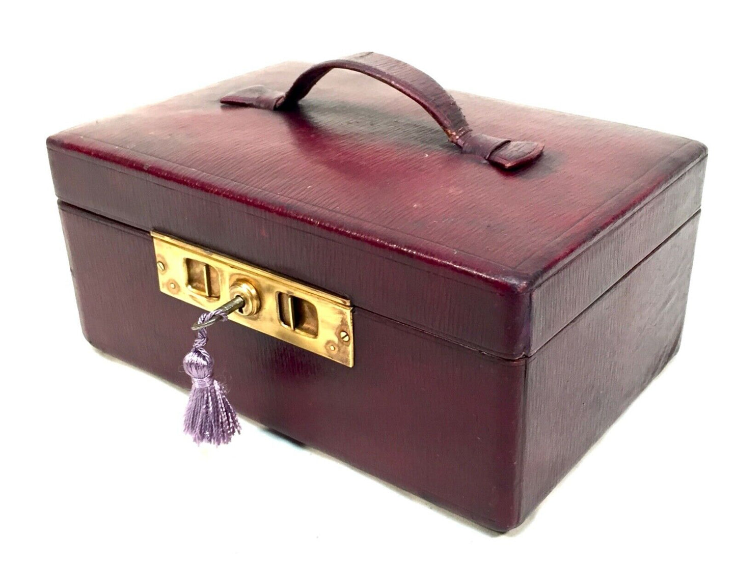 Antique Late Victorian Purple Leather Bound Jewellery Box with Key c.1900