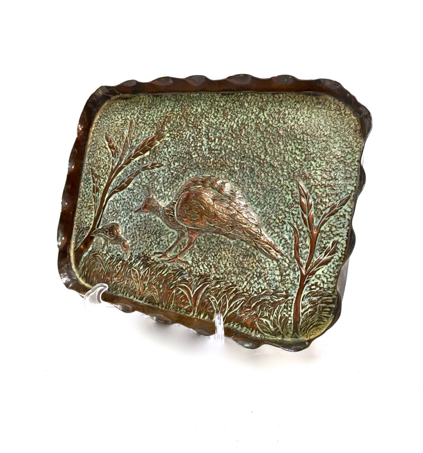 Antique Arts & Crafts Copper Tray / Pin Dish Depicting a Pheasant Bird / c.1900