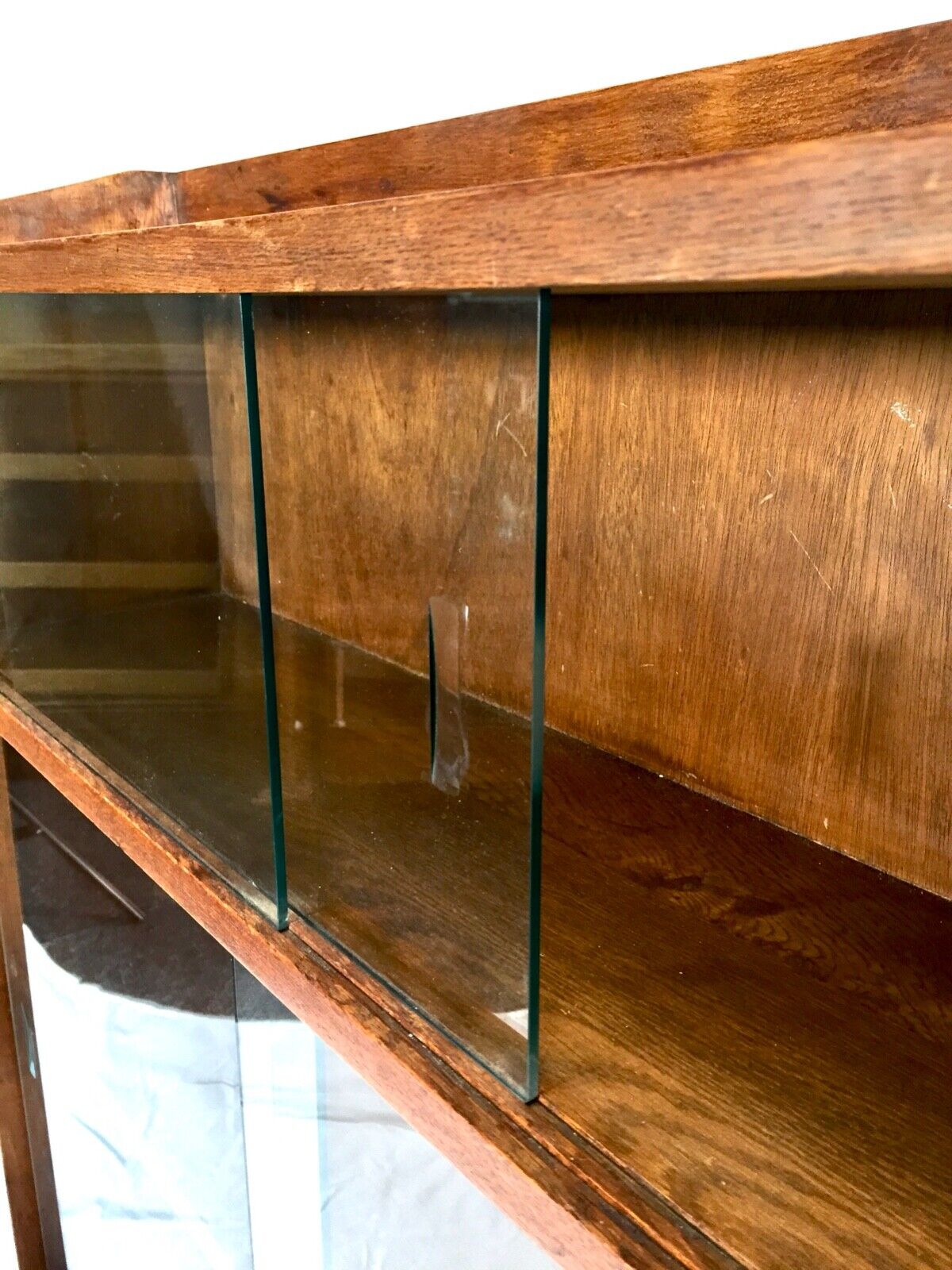 Mid Century Oak Glazed Sliding Glass Door Bookcase Display Cabinet 1950s Antique