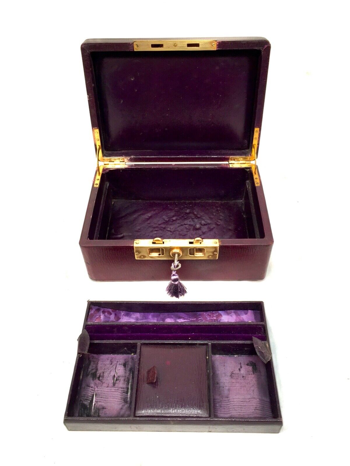 Antique Late Victorian Purple Leather Bound Jewellery Box with Key c.1900