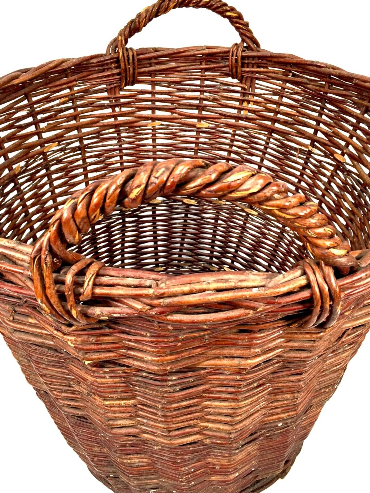 Very Large Vintage Round Wicker Log Storage Basket with Handles / 20th Century