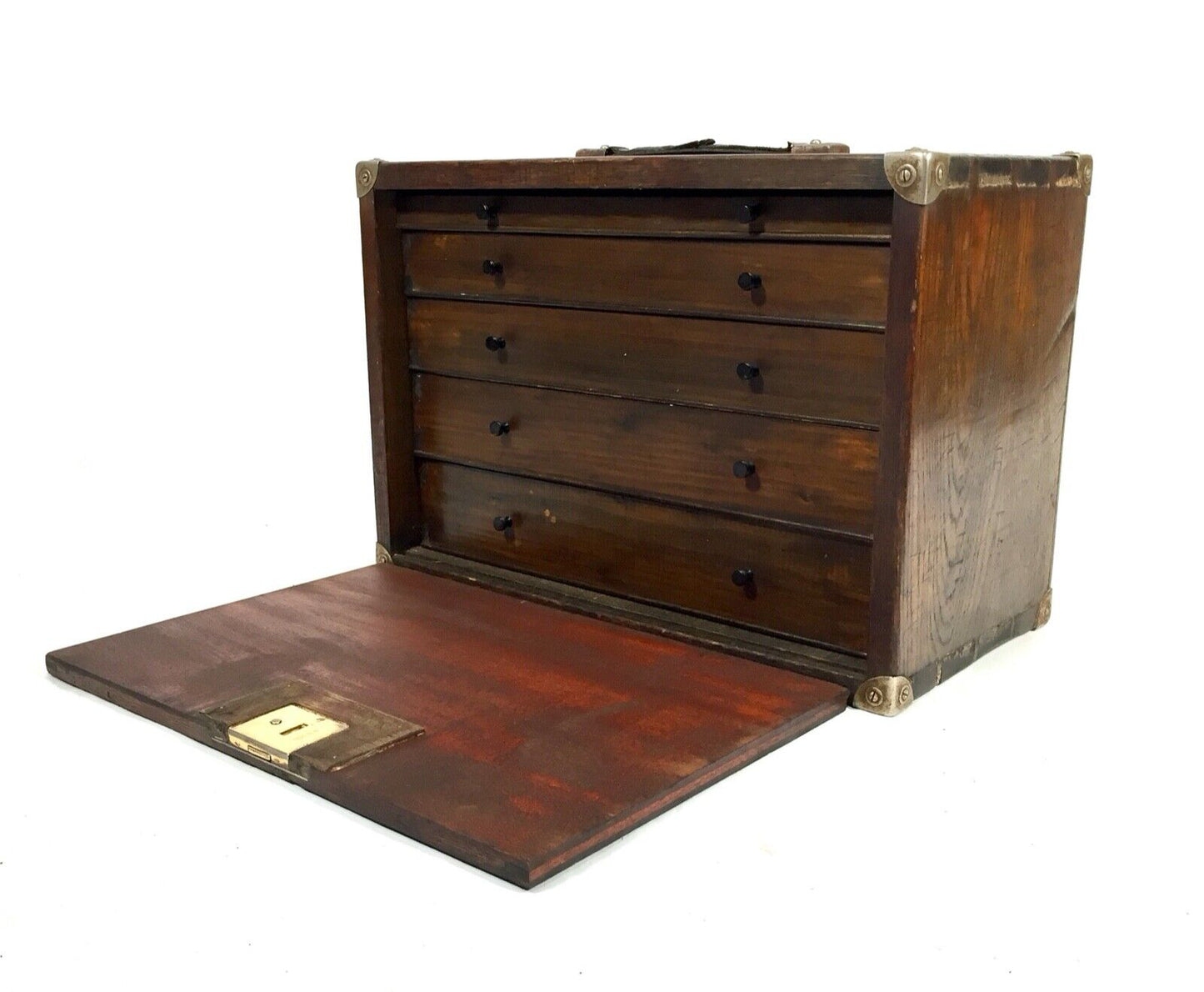 Antique Wooden Oak Engineers Toolbox / Tool Box / Collectors Cabinet with Key