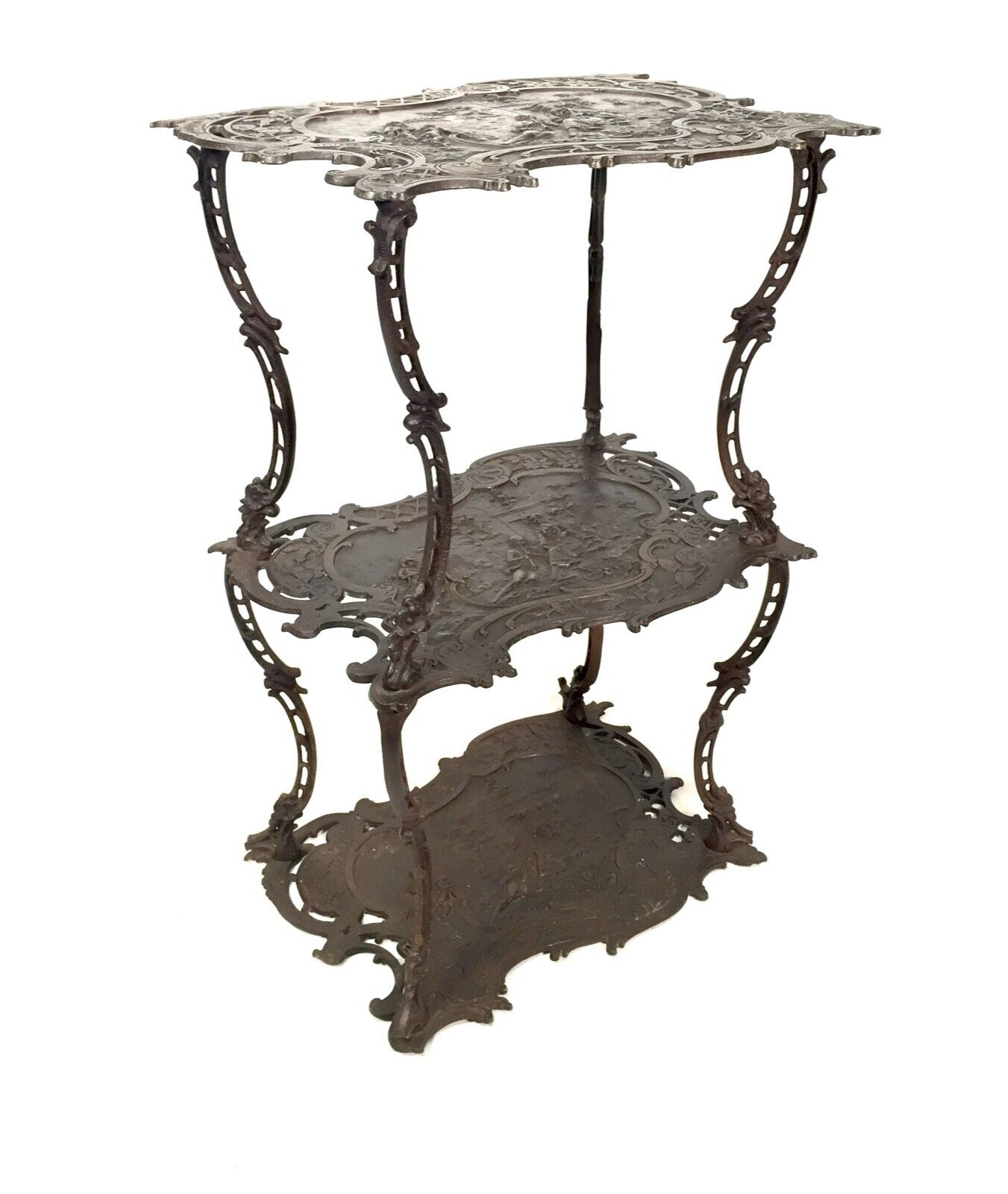 Antique 19th Century French Cast iron Metal 3-Tier Pedestal Table / Fish Finials