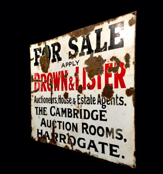 Antique Advertising - 1920's Enamel For Sale Sign by Brown & Lister Harrogate