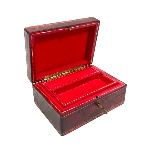 Antique Late Victorian Red Leather Jewellery Box Chest with Key c.1900