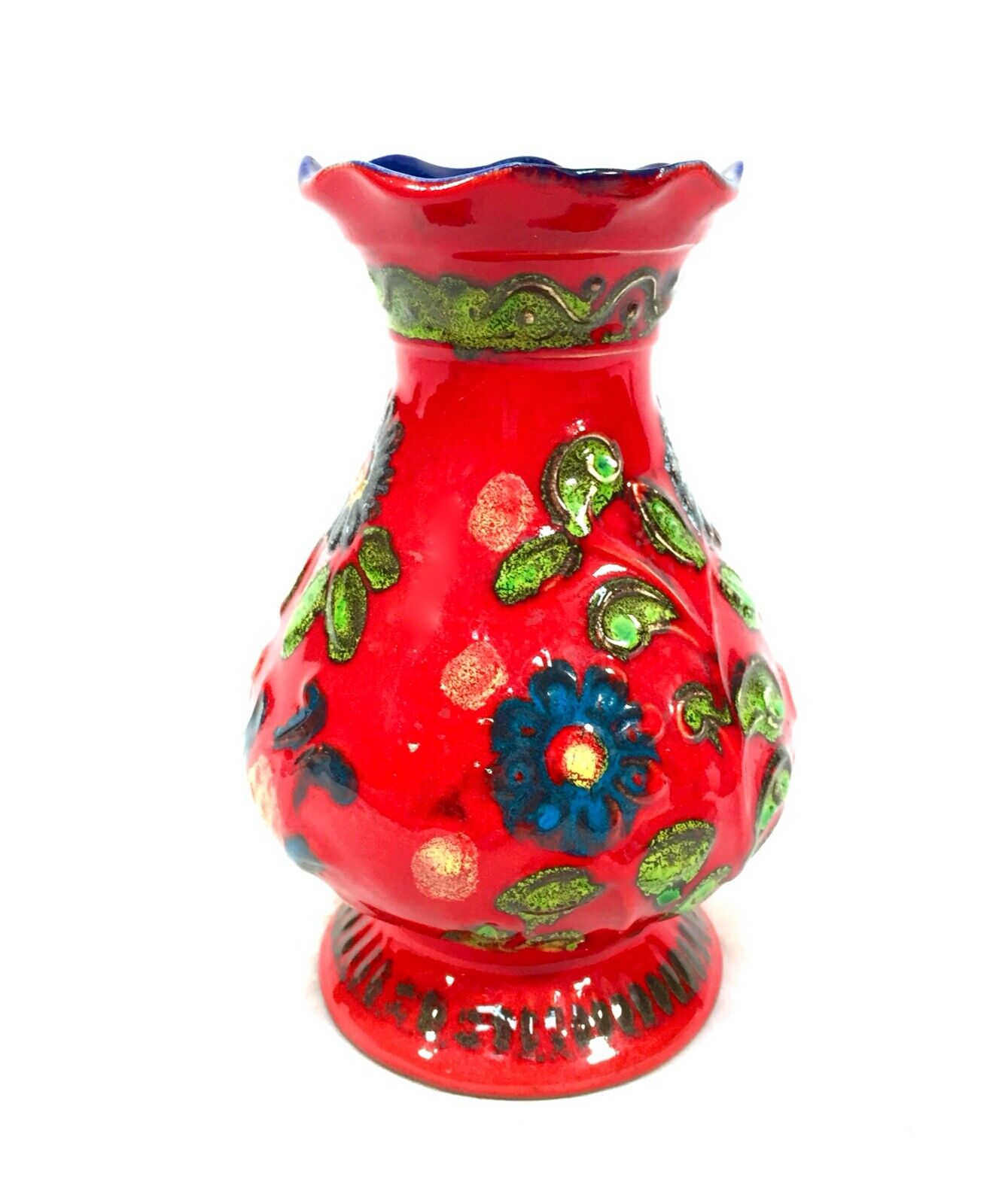 Vintage West German Pottery Bay Keramik Vase Red Green Blue Flower Retro 1970's