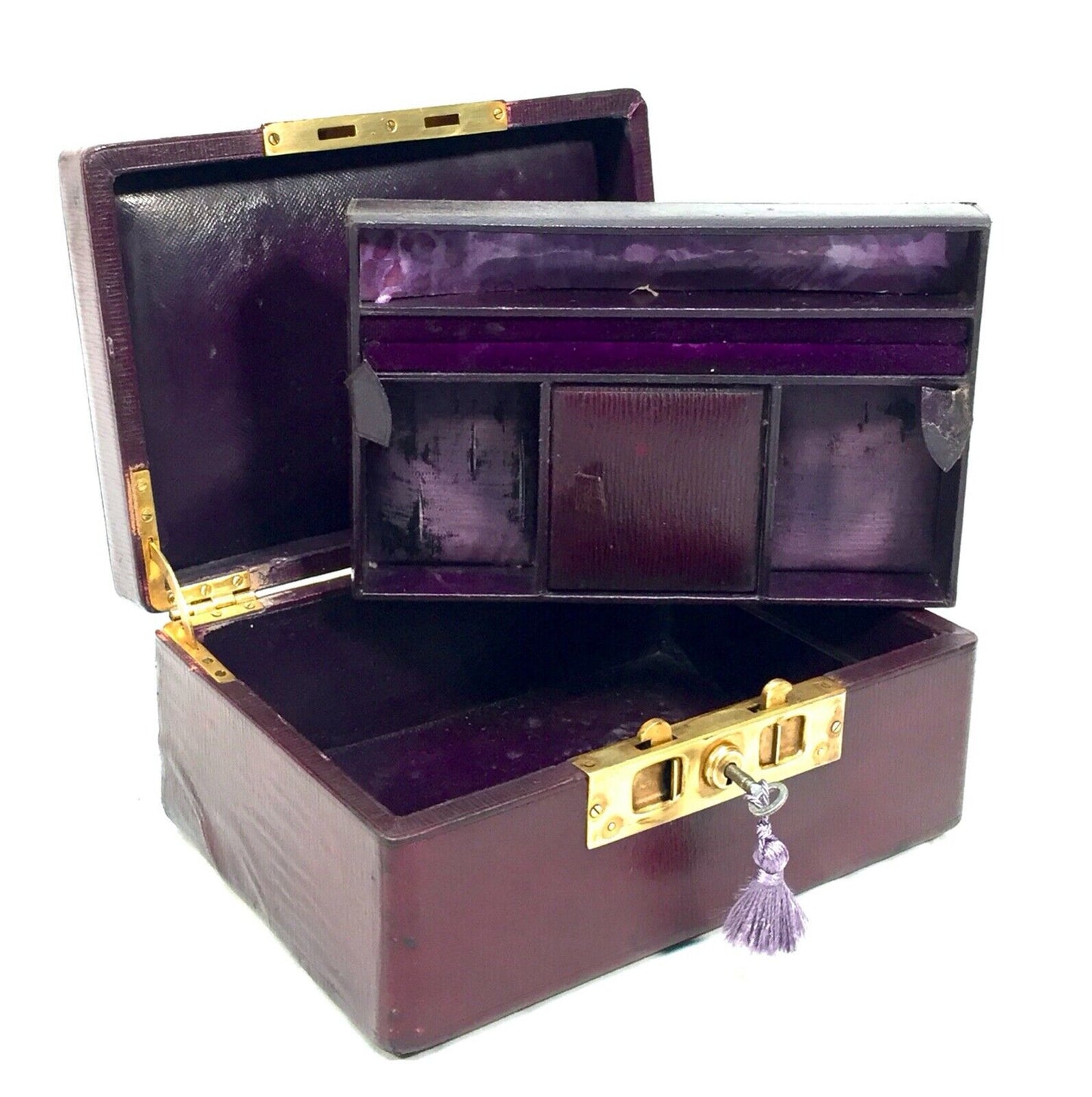 Antique Late Victorian Purple Leather Bound Jewellery Box with Key c.1900