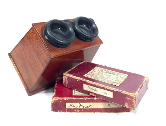 Antique Wooden Handheld Stereo Viewer / Stereoscope & Glass Slide Job c.1900