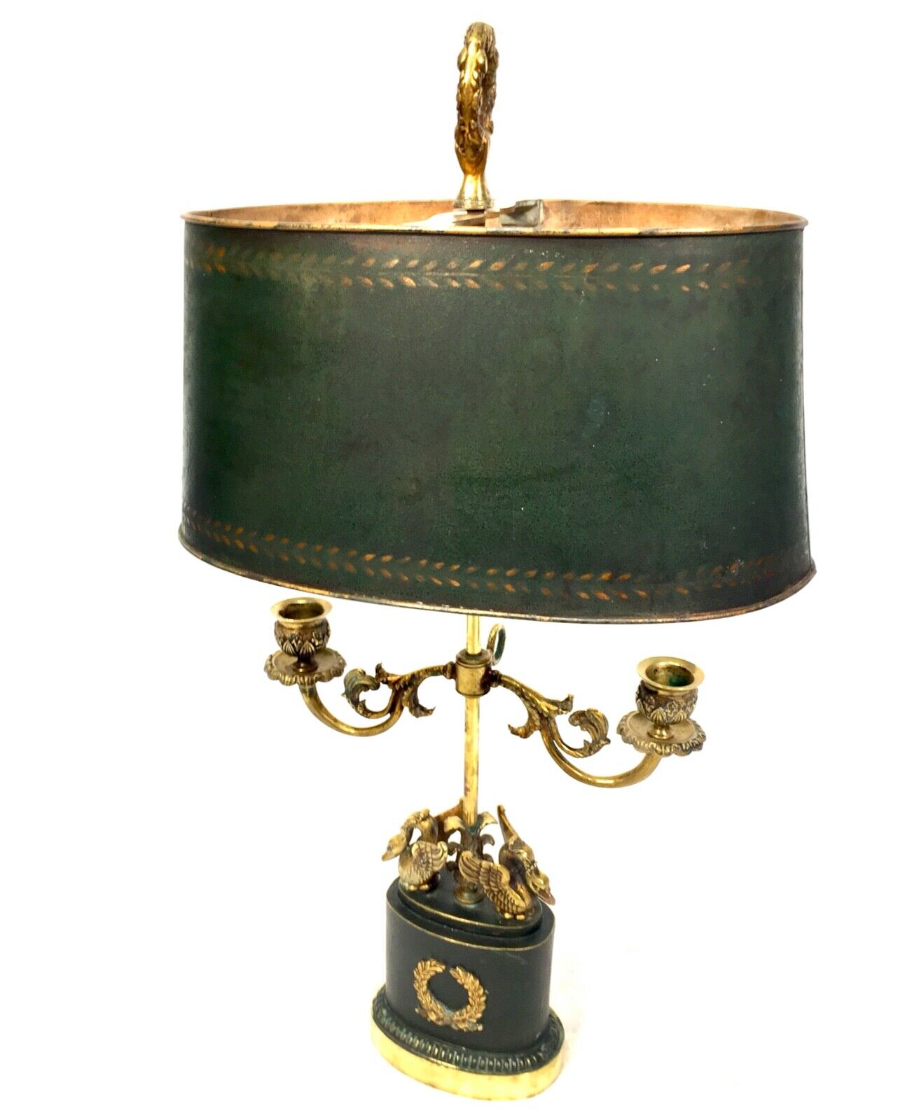 Antique Empire Style Swan Bouillotte Lamp, Early 20th Century Green Tole Shade