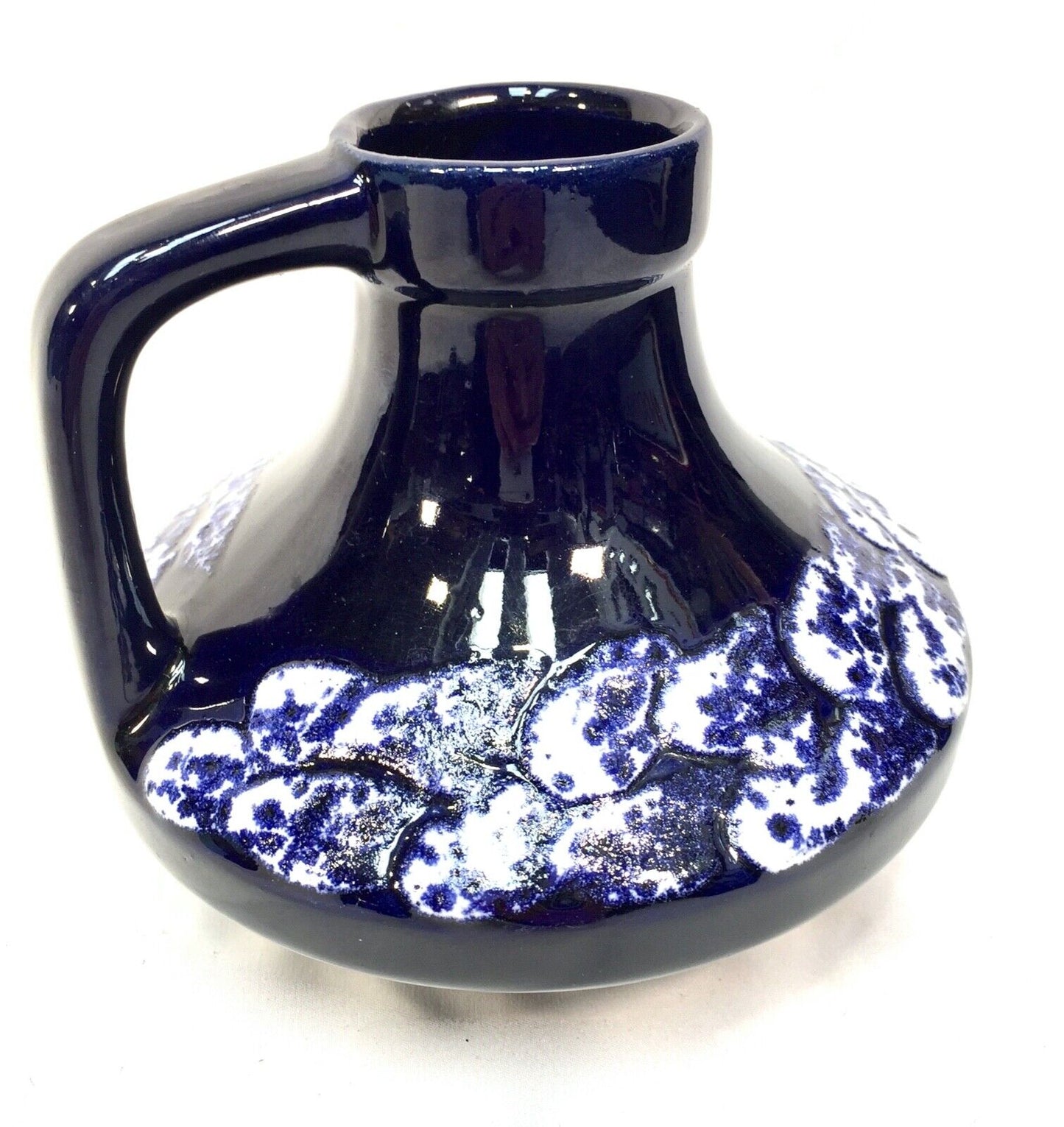 Vintage West German Pottery Fat Vase Jug Dark Blue / White 1970s Retro