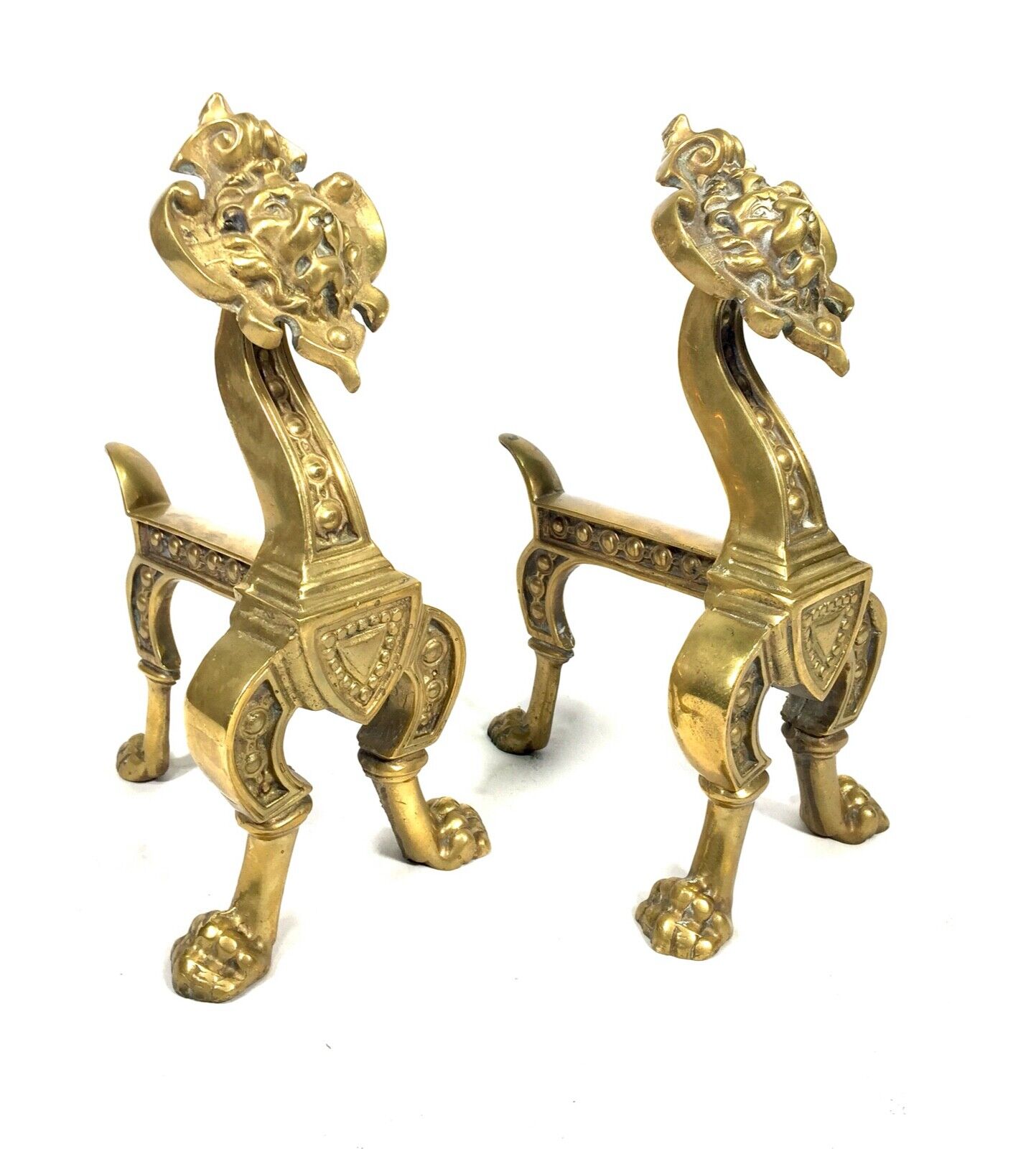 Antique Pair of Brass Fire Dogs / Lion Head & Paw Feet / Log Burner c.1900