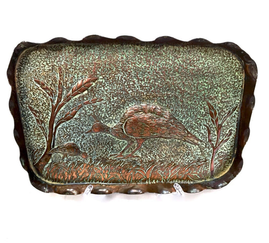 Antique Arts & Crafts Copper Tray / Pin Dish Depicting a Pheasant Bird / c.1900