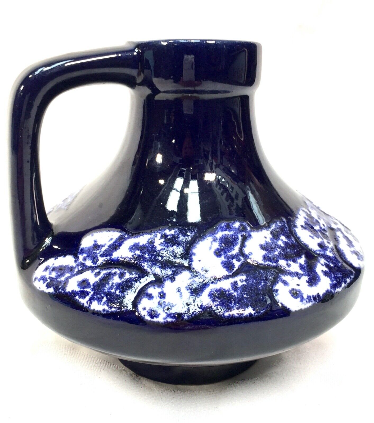 Vintage West German Pottery Fat Vase Jug Dark Blue / White 1970s Retro