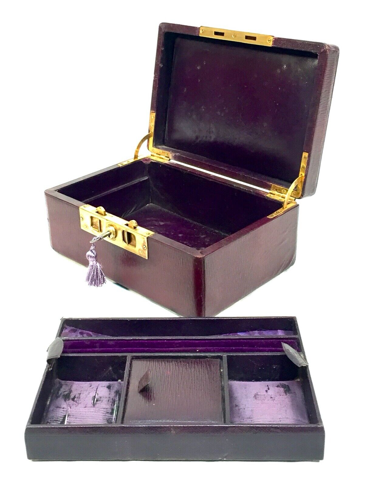 Antique Late Victorian Purple Leather Bound Jewellery Box with Key c.1900