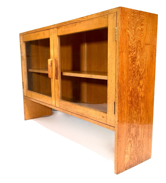 Antique Wooden Oak Large Bookcase Display Cabinet With Glazed Doors Mid Century