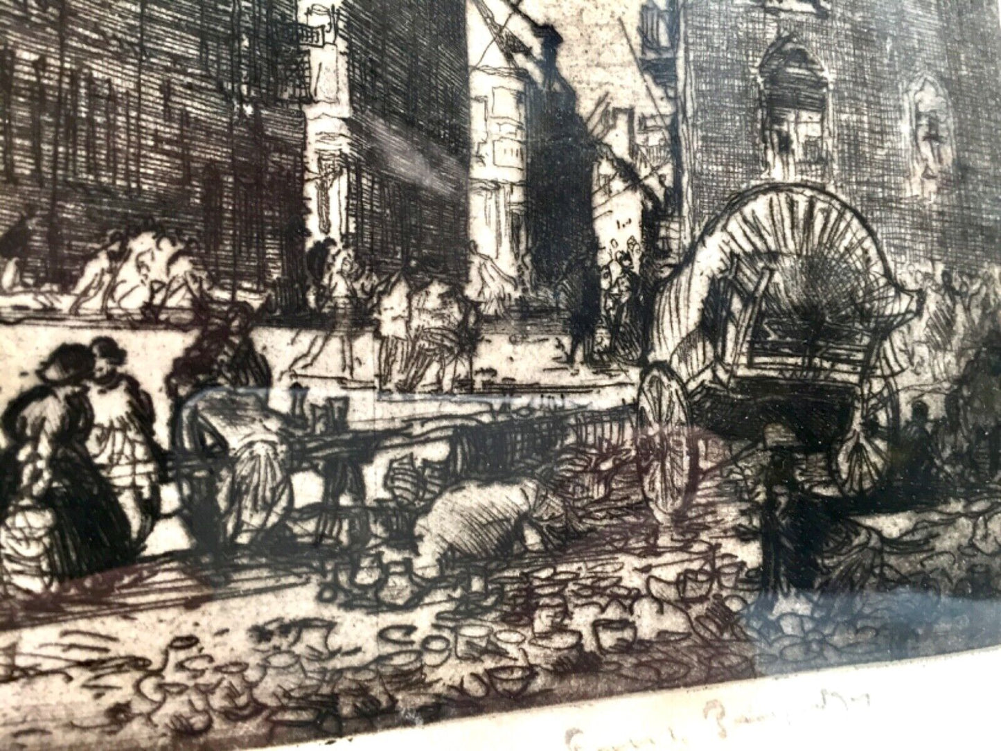 Sir Frank Brangwyn Art - Antique Etching Lithograph of Bruges Marketplace Signed