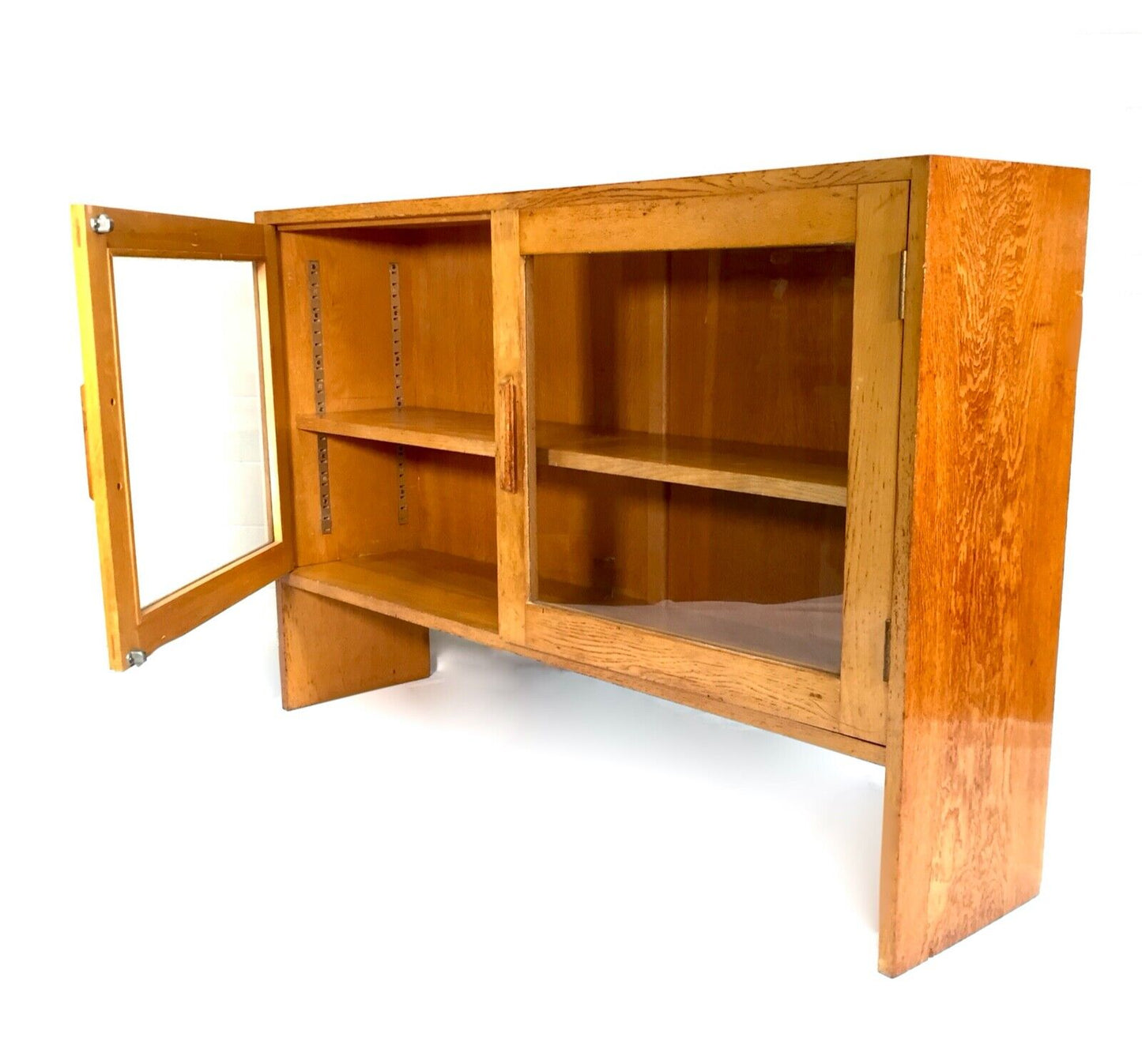 Antique Wooden Oak Large Bookcase Display Cabinet With Glazed Doors Mid Century