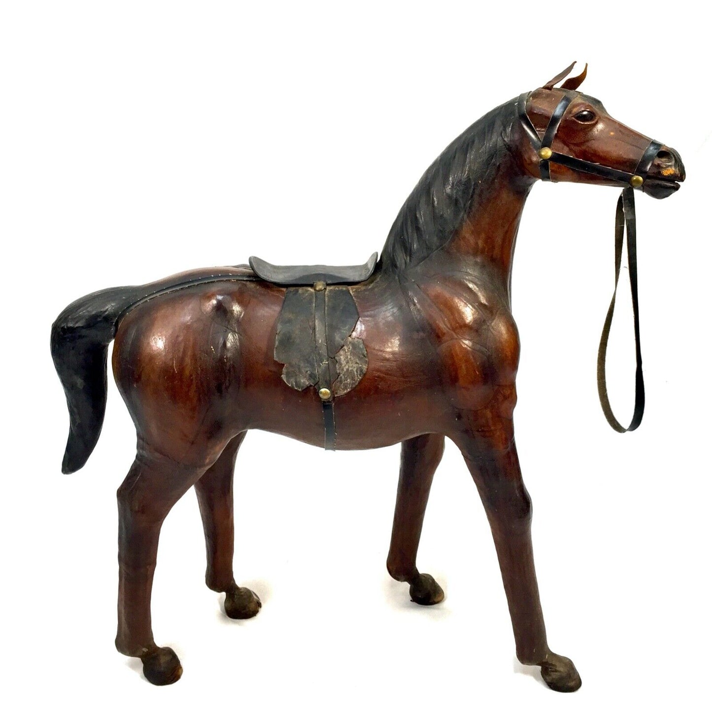 Vintage Mid 20th Century Large Sized Leather Horse Model Antique Floor Standing