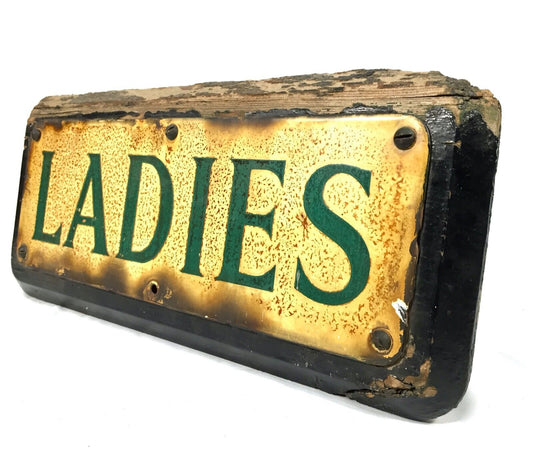 Antique Advertising - Mid Century Ladies Enamel Toilet Sign / Timber Mounted